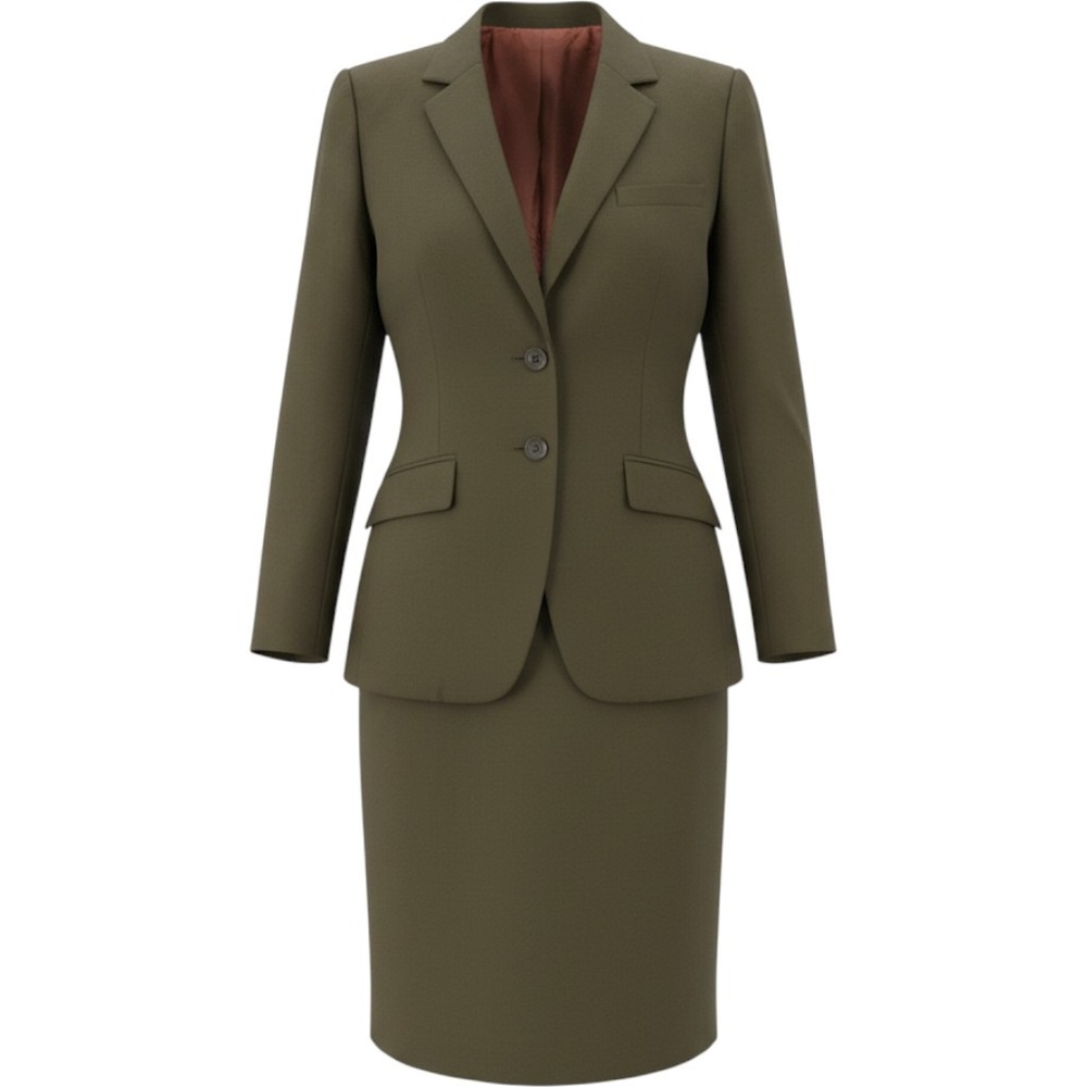 Harve Benard Olive Green 100% Wool Skirt Suit Set Petite 8 Shawl Collar Blazer